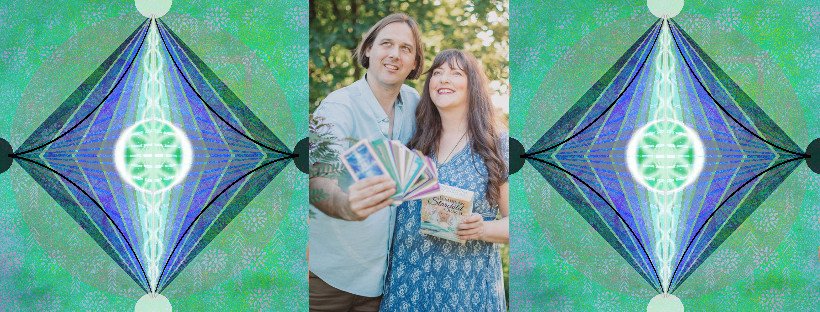 Oracle card reading and light language visuals expressing intuitive guidance and creative flow in a collage.