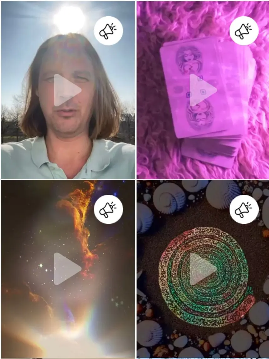 Grid of short videos including spiritual reflections, oracle cards and cosmic imagery