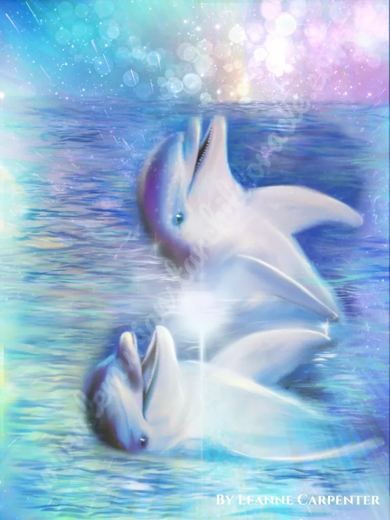 Two joyful dolphins signifying spiritual integration.