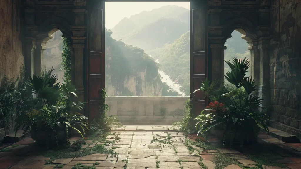 Moving Beyond Spiritual Belief Systems Open monastery doors facing a wide valley, representing spiritual growth without rigid belief systems.