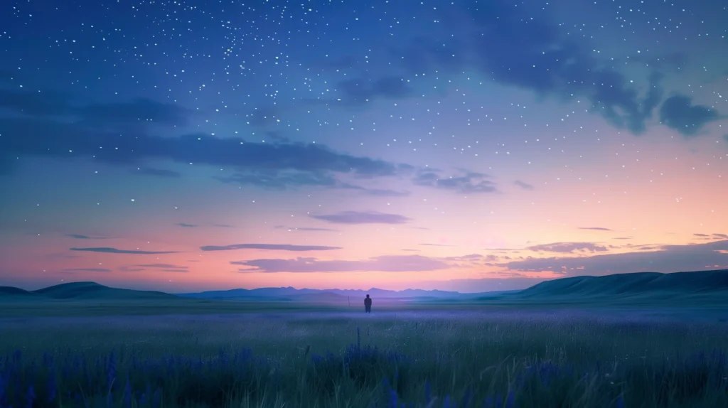Wide meadow beneath expansive twilight sky symbolizing holding big spiritual language gently for healing resources.