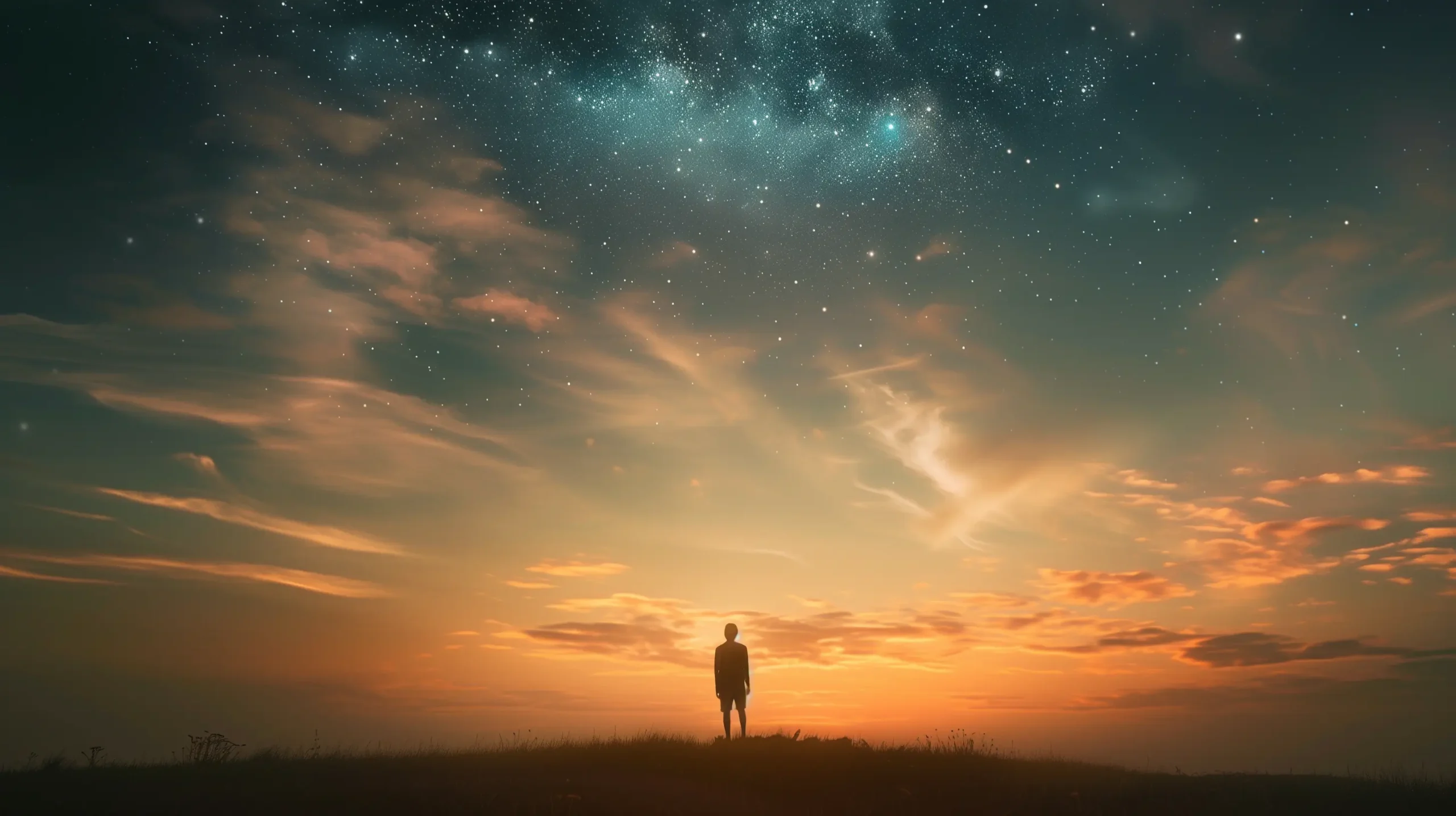Starseed activation reflection — calm figure at twilight under soft stars with warm golden horizon light.