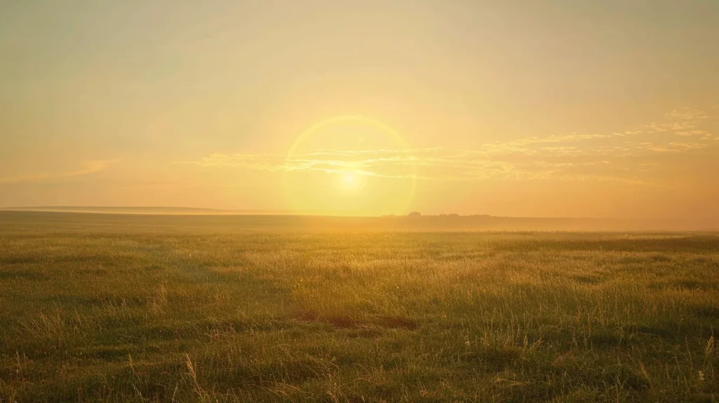 Soft twilight meadow with subtle circular light in sky, symbolizing a gentle stargate experience during spiritual awakening.