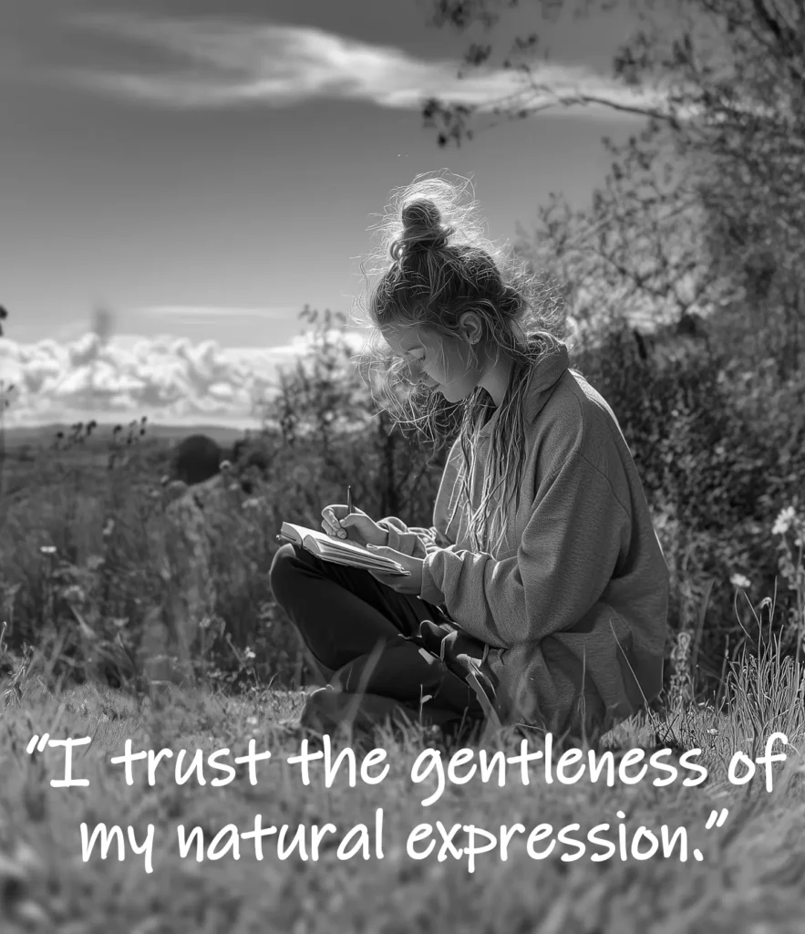 Person sitting in nature journaling calmly, reflecting a sense of inner safety and gentle self-expression