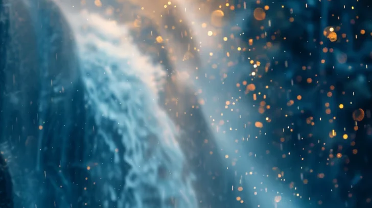 a luminescent waterfall with golden light rays from above